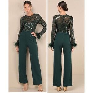 Lulus Limitless Radiance Green Sequin Feather Long Sleeve Jumpsuit Size XS Glam